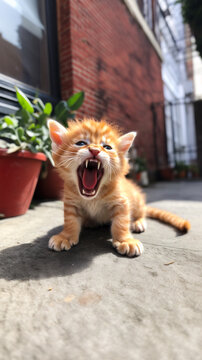 Portrait of little kitty yawning in the backyard