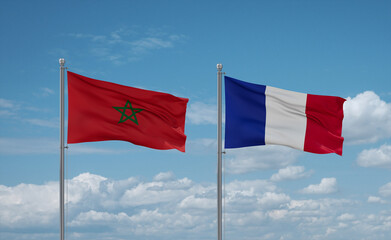 Morocco and France flags, country relationship concept