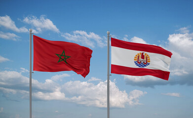 Morocco and French Polynesia flags, country relationship concept