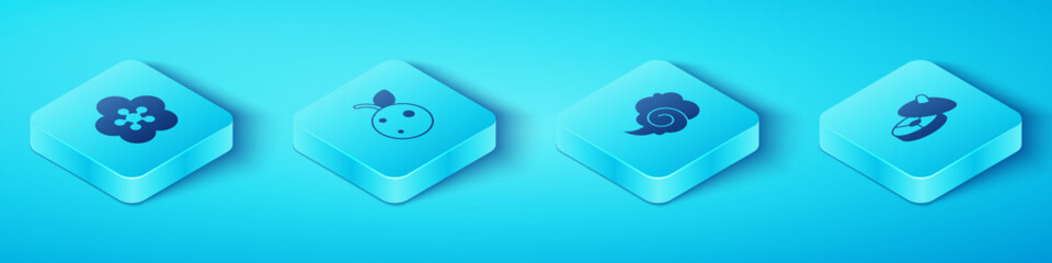 Set Isometric Lotus flower, Peach fruit or nectarine, Chinese tea ceremony and Magic fog smoke icon. Vector