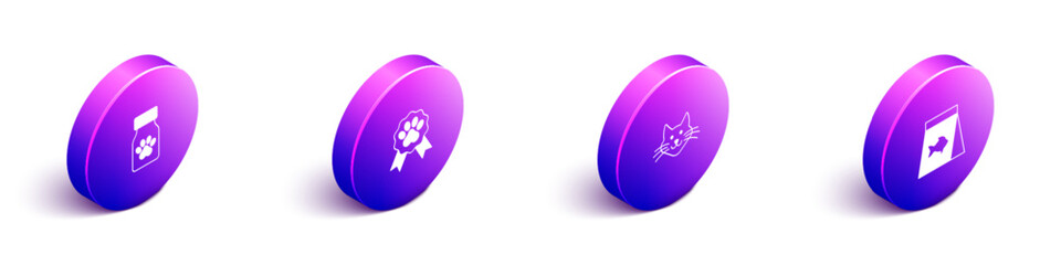 Set Isometric Medicine bottle and pills, Pet award symbol, Cat and Food for fish icon. Vector