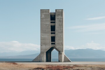 Concrete Structure in Field by Ocean with Futuristic Influence
