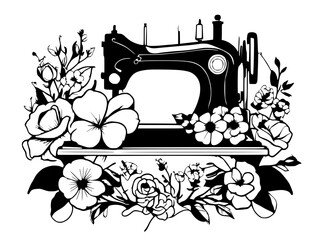 sewing machine and flower logo design illustration