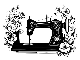 sewing machine and flower logo design illustration