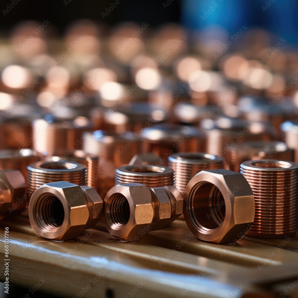 Poster Copper threaded nuts and bolts on a table, AI