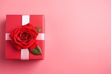 Red gift box with red rose flower on pink background top view