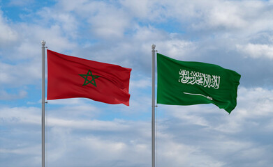 Morocco and Saudi Arabia flags, country relationship concepts