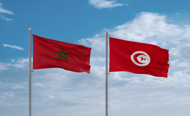 Tunisia and Morocco flags, country relationship concept