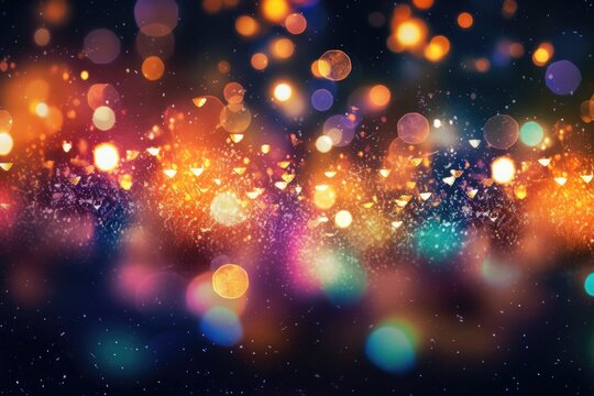 Festive bokeh background with colorful bubbles and snow