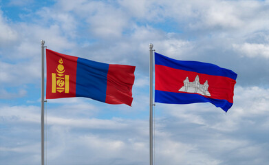 Cambodia and Mongolia flags, country relationship concept