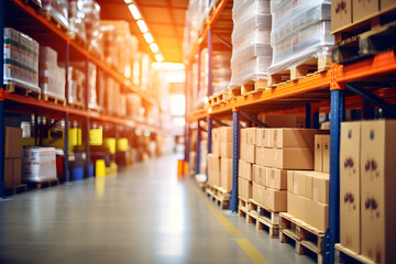 Lagerhalle mit Hochregalen und diversen Kartons, Logistik, Fracht und Versandsystem, erstellt mit generativer KI