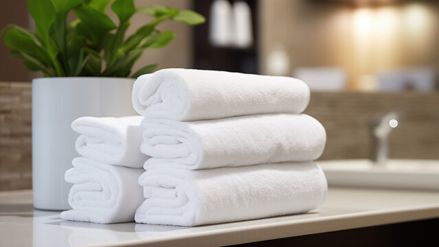 White towels neatly organized in a hotel bathroom