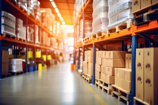 Lagerhalle mit Hochregalen und diversen Kartons, Logistik, Fracht und Versandsystem, erstellt mit generativer KI
