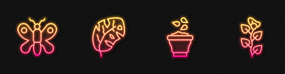 Set line Seeds in bowl, Butterfly, Tropical leaves and Ivy branch. Glowing neon icon. Vector