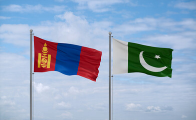 Pakistan and Mongolia flags, country relationship concept