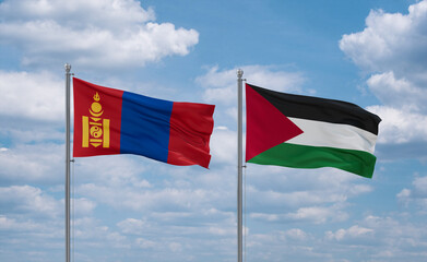 Palestine and Mongolia flags, country relationship concept