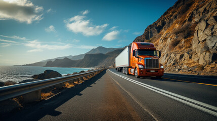 Closeup of a truck driving down a west coast road at sunny day