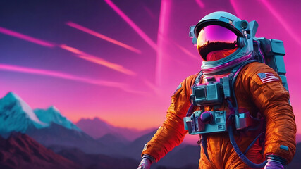 Astronaut surrounded by flashing neon lights. Retro 80s style synthwave background.

