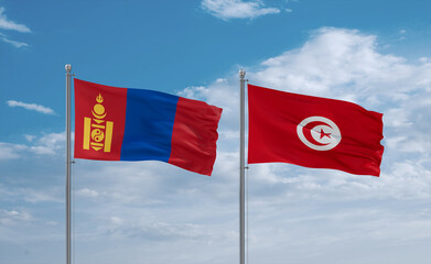 Tunisia and Mongolia flags, country relationship concept