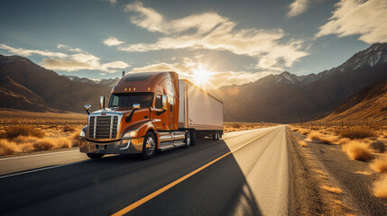 Closeup of a truck driving down a west coast road at sunny day - obrazy, fototapety, plakaty