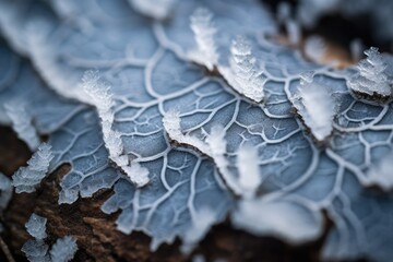 close texture of snow on the surface of the wooden bark