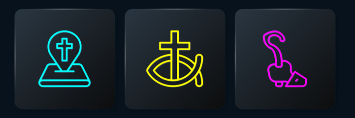 Set line Location church building, Magic staff and Christian fish. Black square button. Vector