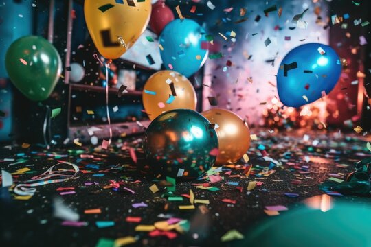 balloons and confetti on the room floor, party celebration moment
