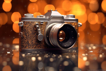 Fototapeta na wymiar vintage photo camera covered in glitter particles with blurred lights background