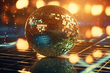 close up shiny disco ball on blurred light background, event on new year party celebration