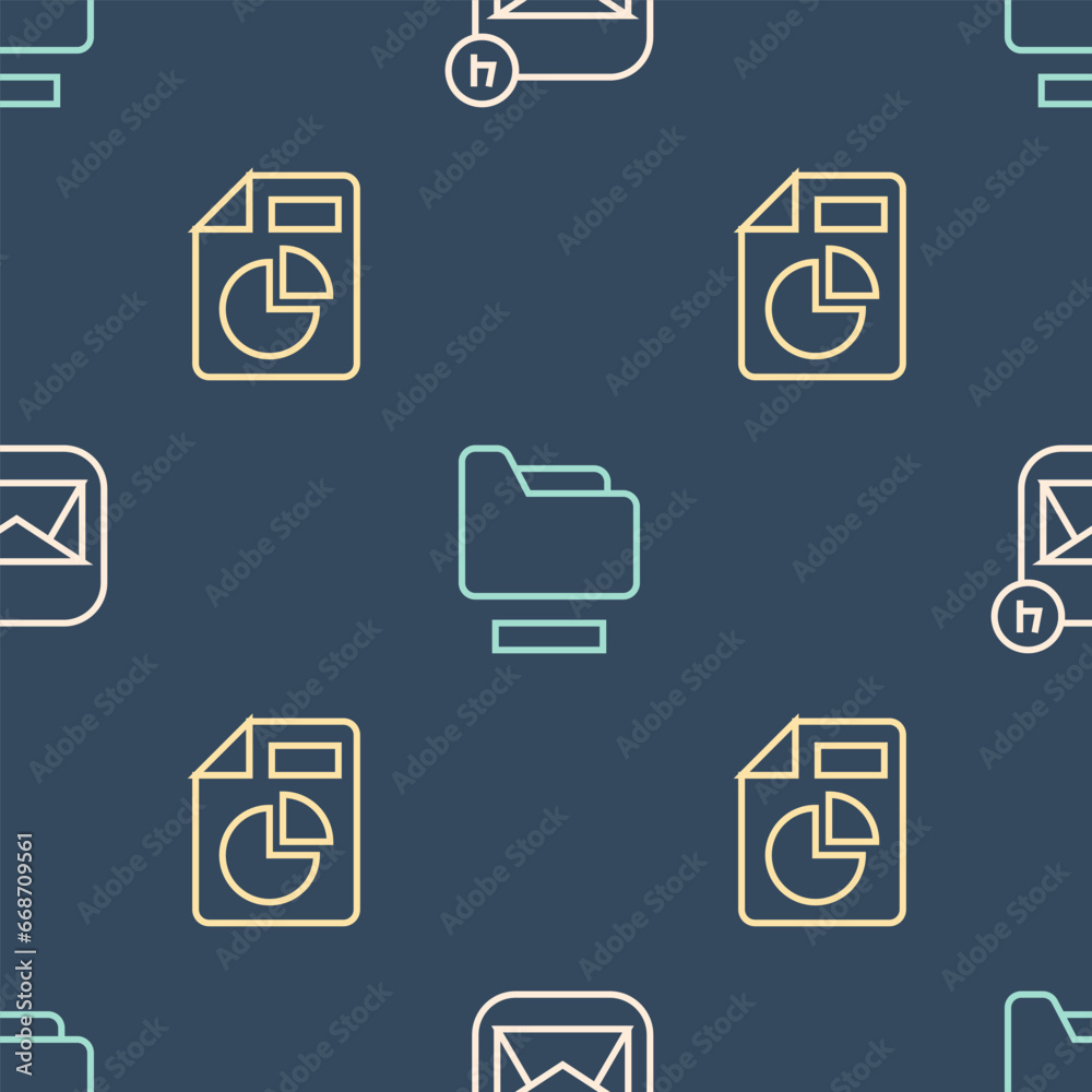 Poster set line envelope, document with graph chart and folder on seamless pattern. vector