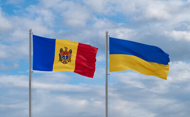 Ukraine and Moldova flags, country relationship concept