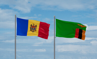 Zambia and Moldova flags, country relationship concept
