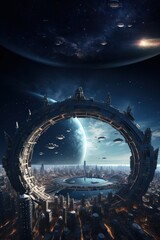 Concept of the city of the future. Colonization of new planets and architecture of the future, vertical photo