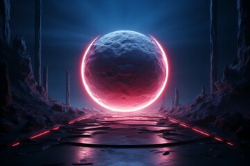 A 3D rendering envisions a moon like planet aglow with radiant neon lights