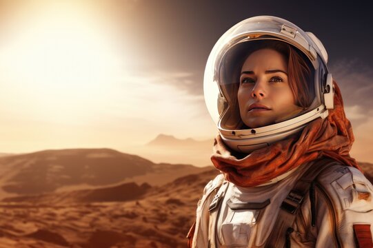 Shot of young woman astronaut looking into the distance. Concept of travel to Mars and other new planets