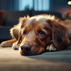 A dog sad and calm look. Looking at the camera.