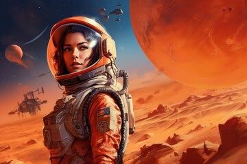 Illustration of a woman astronaut in an orange suit on Mars. The portrait of space explorer