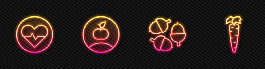 Set line Acorn, Heart rate, Apple and Carrot. Glowing neon icon. Vector