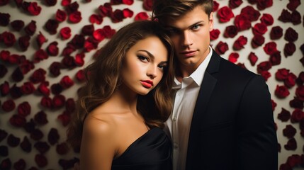 Beautiful young couple on a light studio background, rose petals, romantic scene, Valentine's Day. Generation AI