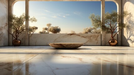 Fototapeta premium Modern cave-inspired room with panoramic window revealing vast desert landscape, blending nature and architecture.