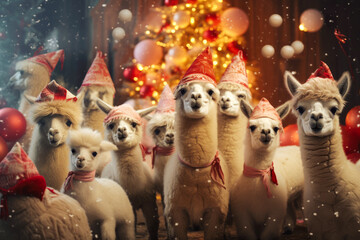 Obraz na płótnie Canvas Llama Family Posing on Christmas Decorations, Festive Greeting Card Concept