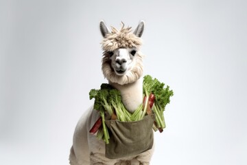 Llama with a Bag of Fresh Herbs and Vegetables on a White Background