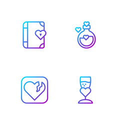 Set line Glass of champagne, Broken heart or divorce, Love diary and Bottle with love potion. Gradient color icons. Vector