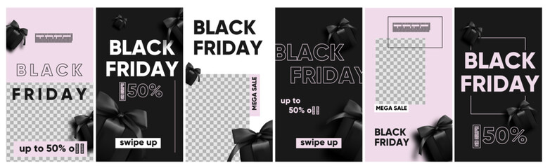 Black friday sale for social media, instagram stories and post, mobile app, banners, cards. Set of 6 stories template with gift box.