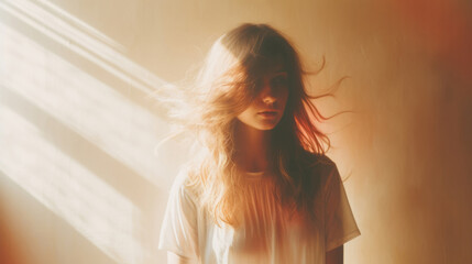 Fototapeta premium Young woman in sunlight and shadows. Peace and calm wellbeing.