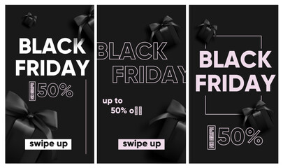 Black friday sale for social media, instagram stories and post, mobile app, banners, cards. Set of 3 stories template with gift box