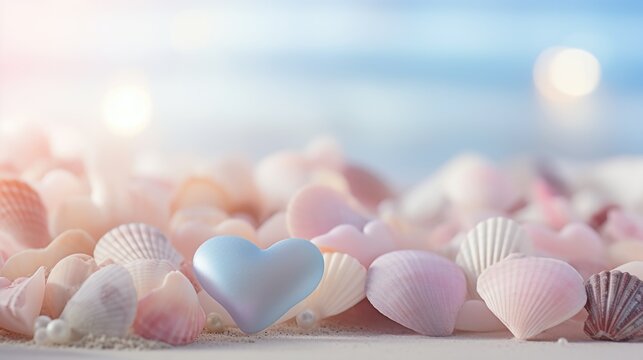 A heart shaped shell on a beach with other shells, AI