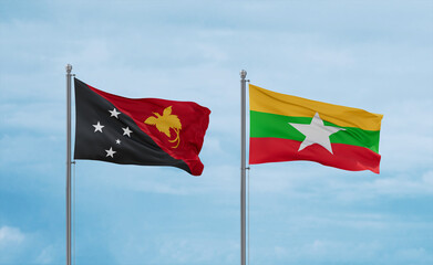 Myanmar and Papua New Guinea flags, country relationship concept