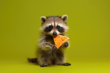 portrait of a little raccoon with a slice of pizza in its paws on a green background - obrazy, fototapety, plakaty