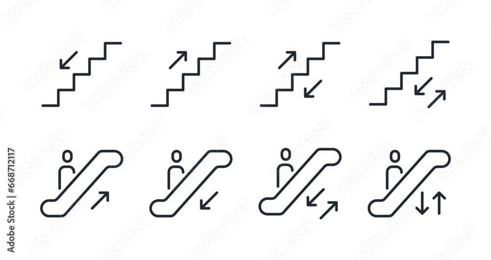 Canvas Prints escalator and stairs up and down editable stroke outline icons set isolated on white background flat